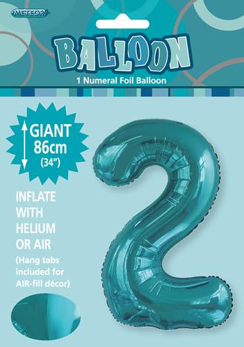 Caribbean Teal "2" Giant Number 2 86cm 34” Foil Balloon